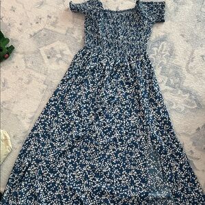 Blue floral smocked dress with side slit